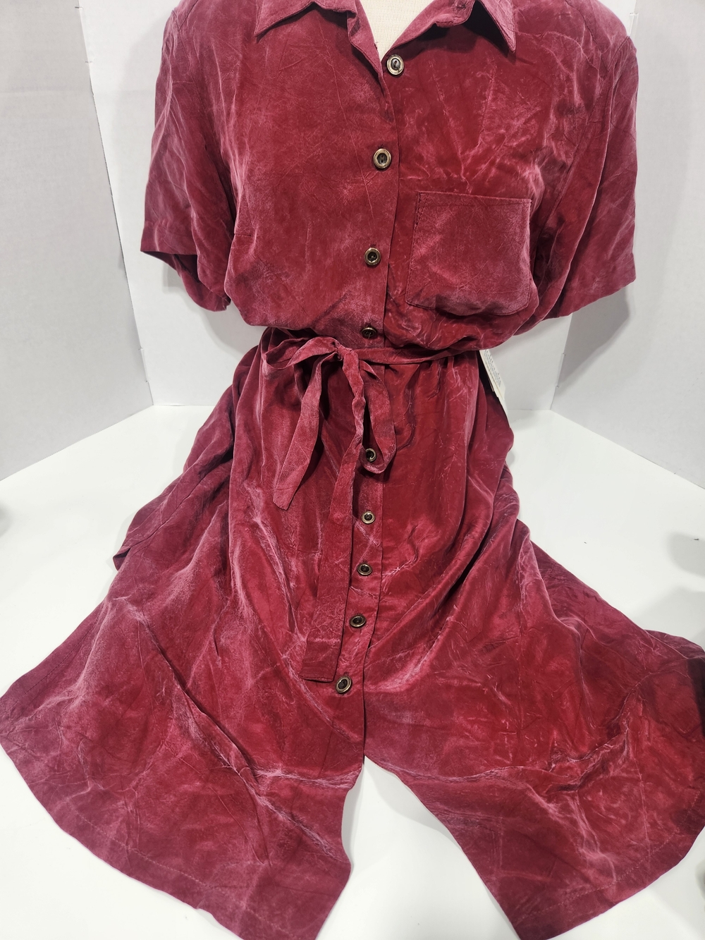 Suade Womens Button-Front Wine Midi Shirt Dress with Tie Waist